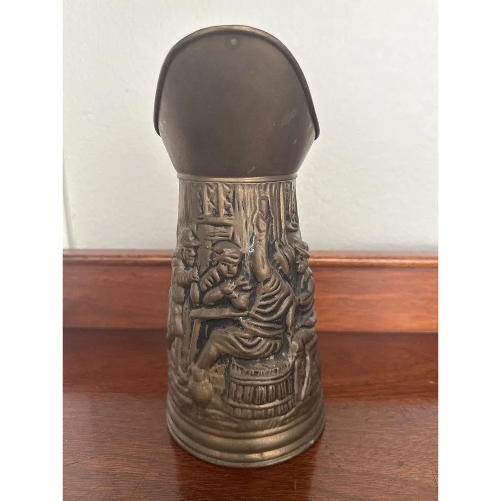 English Brass Pitcher Embossed with Pub Scene Made in England Mid Century‎ MCM